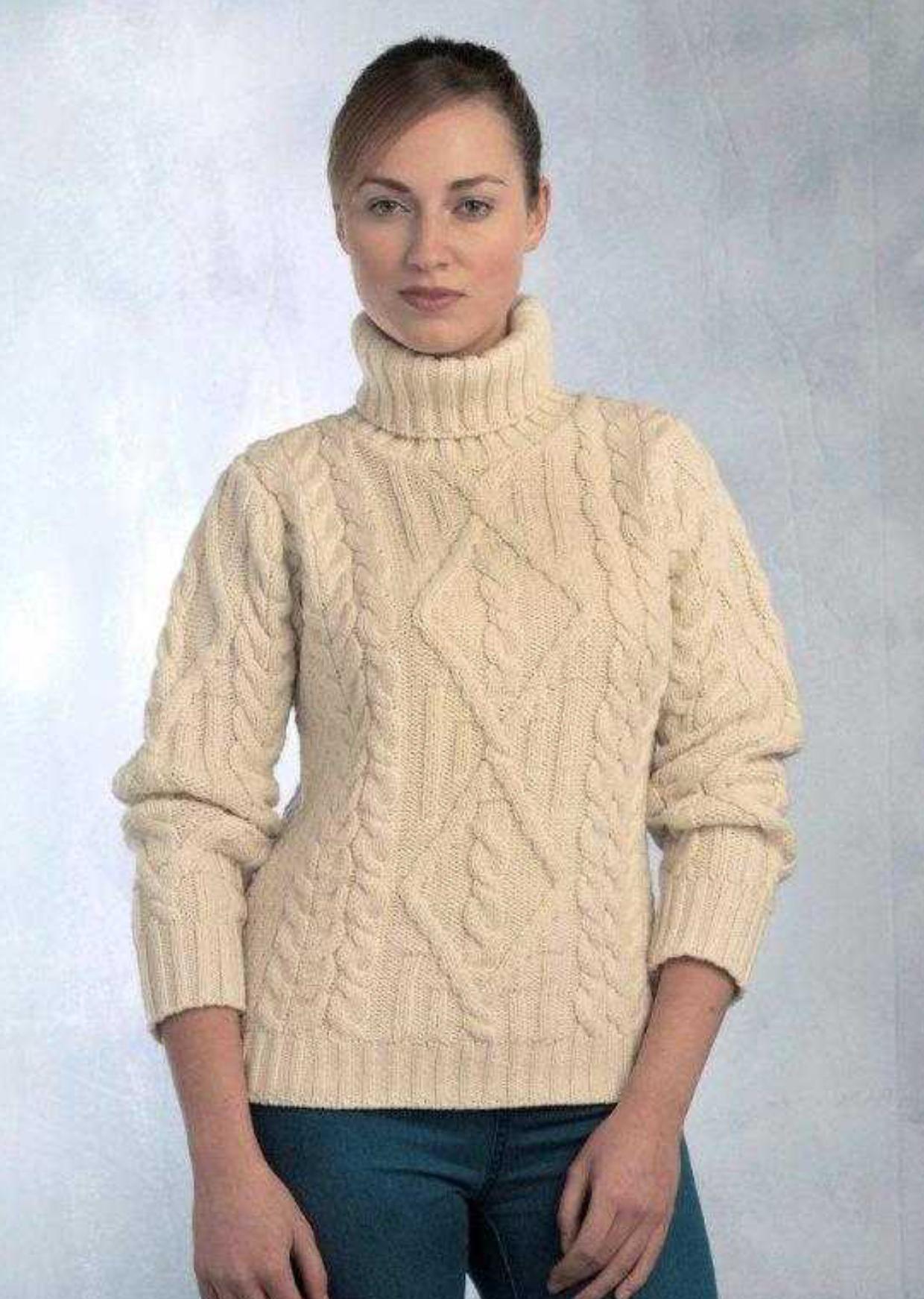 Pull Irlandais Femme Ecru, Taille M, 100% Laine Mérinos